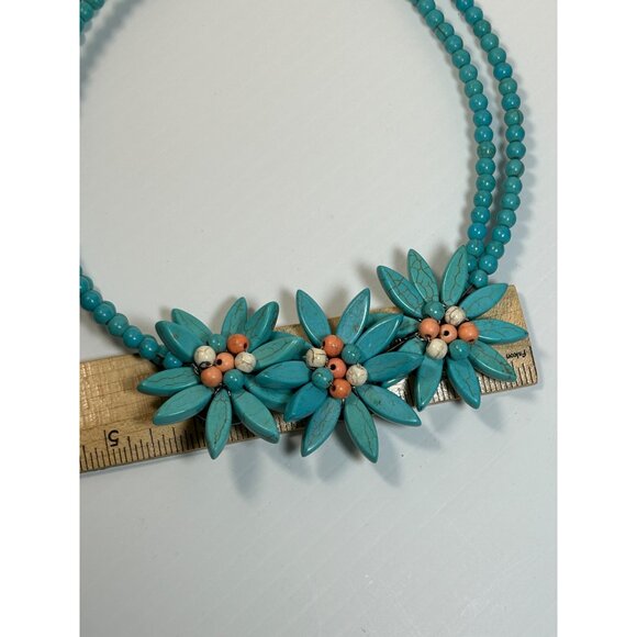 VTG Turquoise Blue Chocker Style Beaded Necklace Flowers Multi Strand Costume - Picture 7 of 8
